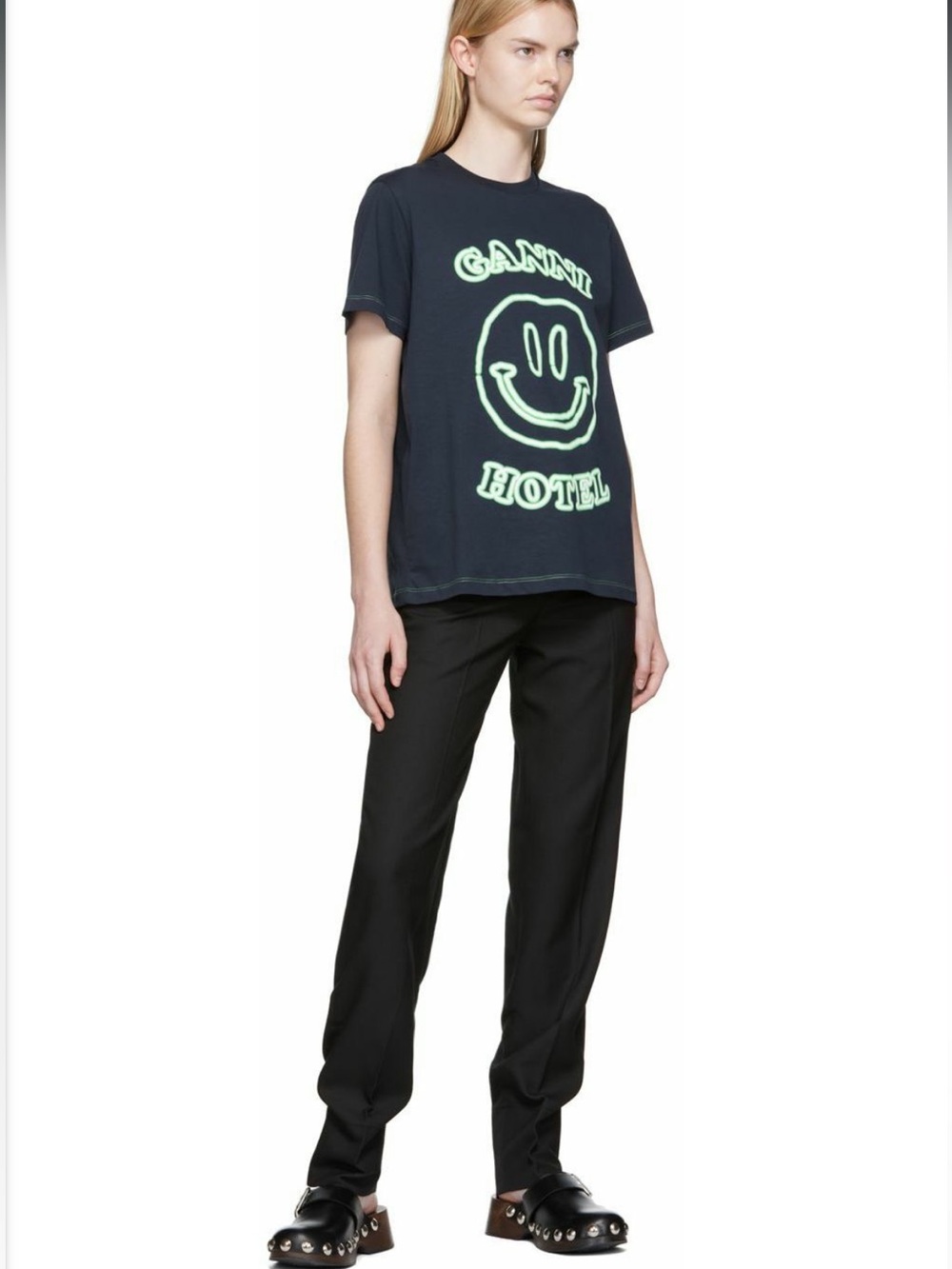 GANNI Navy Blue Ganni Hotel Smiley Face T-Shirt Tee - Picture 16 of 16
